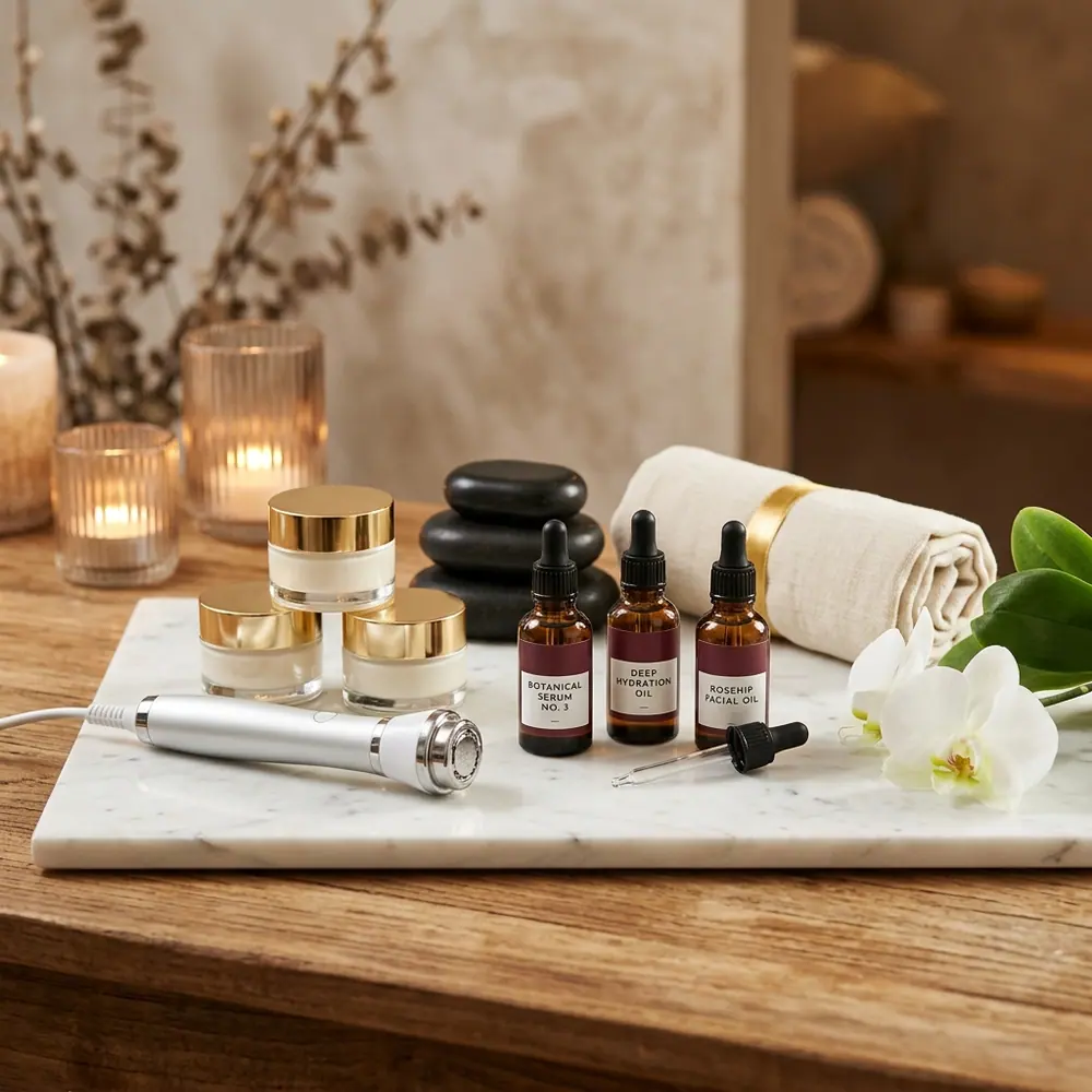 Aparatología estética facial, cremas de cuidado, aceites botánicos y piedras de masaje