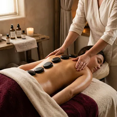 Masaje relajante de espalda con piedras calientes