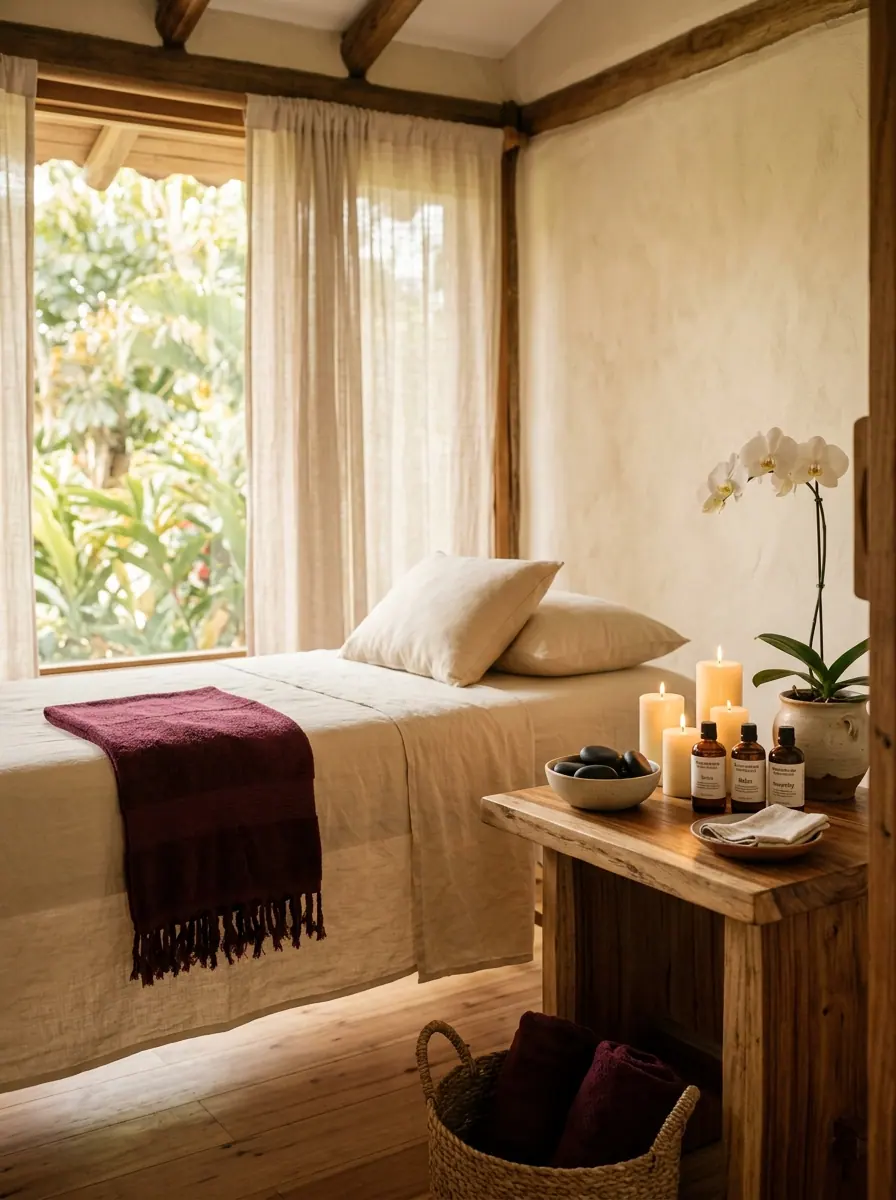 Cabina boutique de tratamiento preparada con camilla, velas y ambiente cálido